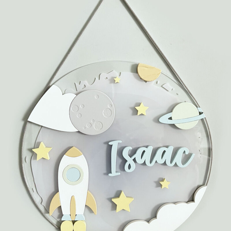 Porta Maternidade de Acrílico 3D Aquarela Astronauta