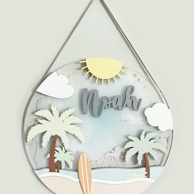 Porta Maternidade de Acrílico 3D Aquarela Praia