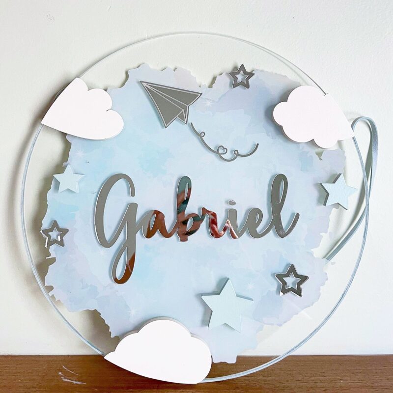 Porta Maternidade de Acrílico 3D Aquarela Avião Papel