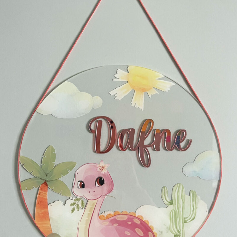Porta Maternidade de Acrílico Aquarela Dinossauro Menina