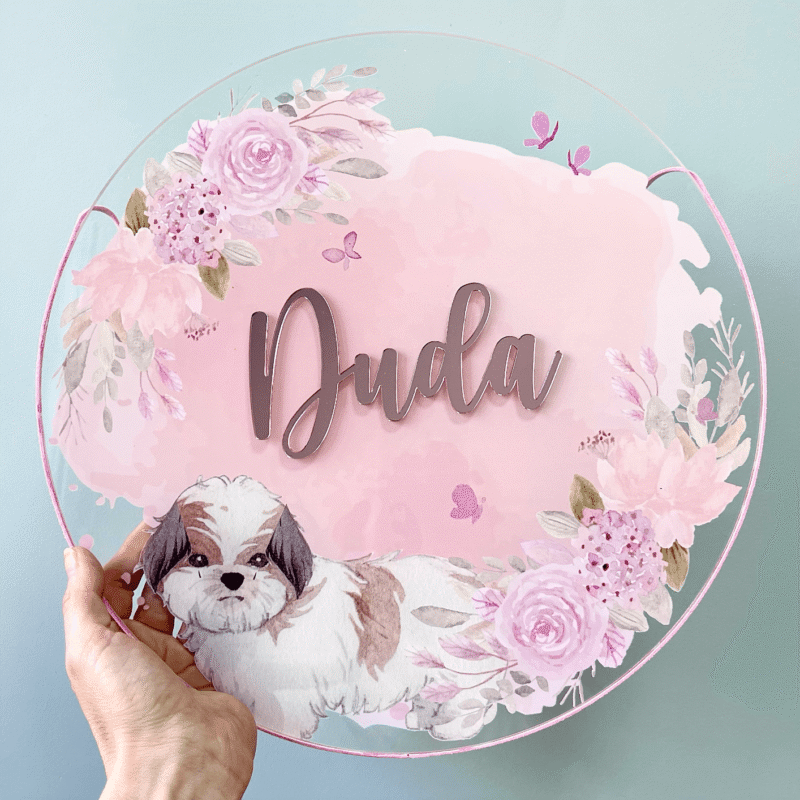 Porta Maternidade de Acrílico Aquarela Flores Cachorro