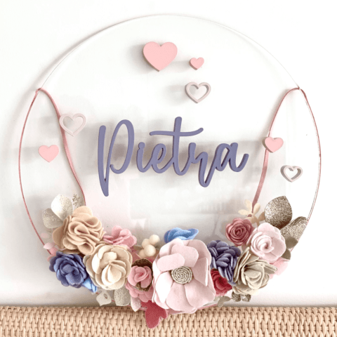 Porta Maternidade de Acrílico Flores Transparente Lilás