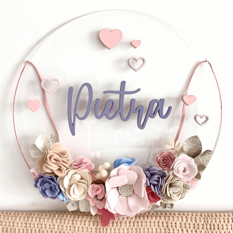 Porta Maternidade de Acrílico Flores Transparente Lilás