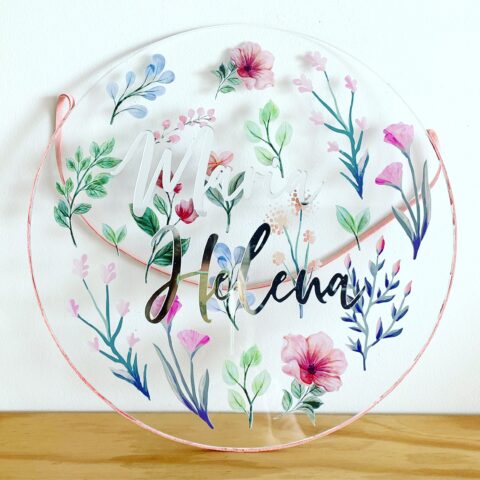 Porta Maternidade de Acrílico Flores ao Fundo