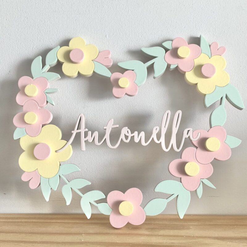 Porta Maternidade Coração Flores Vazado Amarelo, Rosa e Verde