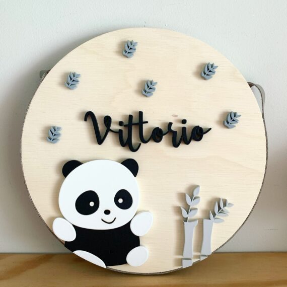Porta Maternidade de Madeira 3D Panda Folhagens