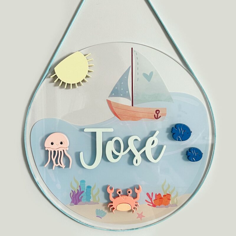 Porta Maternidade de Acrílico 3D Fundo do Mar