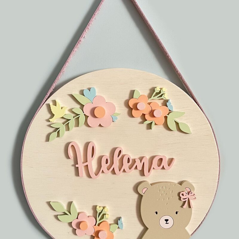 Porta Maternidade de Madeira 3D Flores Ursa