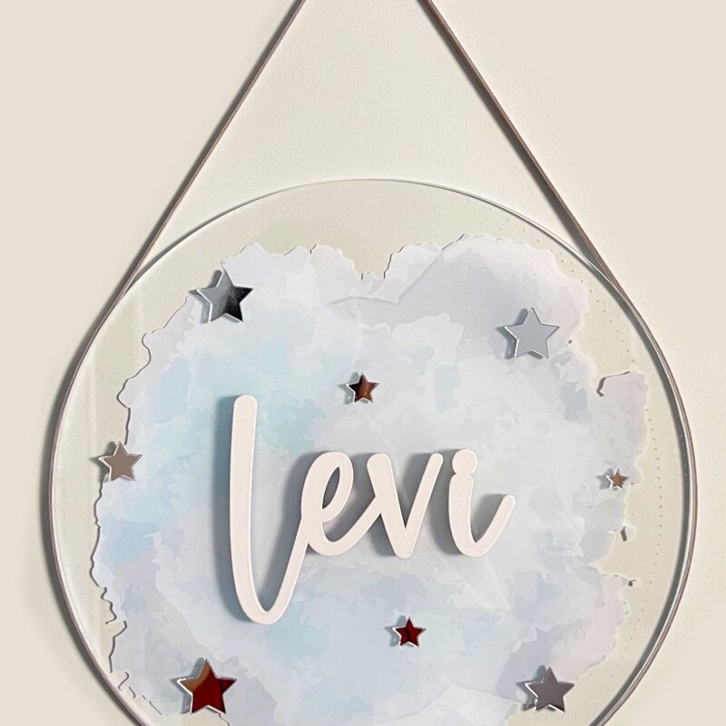 Porta Maternidade de Acrílico Aquarela Estrelas Azul e Cinza