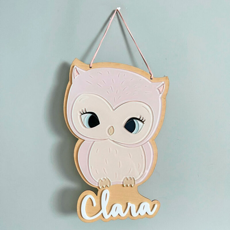 Porta Maternidade de Madeira com Acrilico Coruja