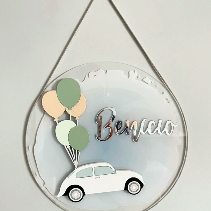 Porta Maternidade de Acrílico 3D Aquarela Carro Bexigas