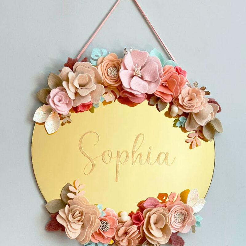Porta Maternidade de Acrílico Espelhado Flores