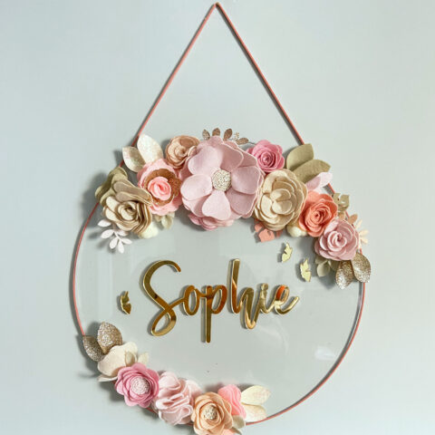 Porta Maternidade de Acrílico Flores Transparente Borboletas Dourado