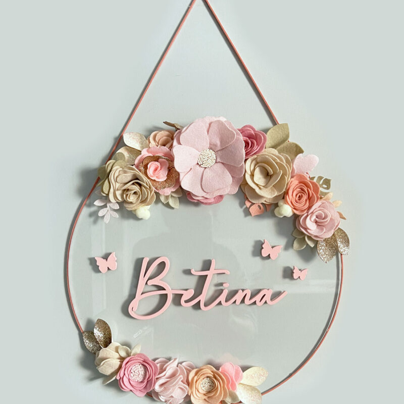 Porta Maternidade de Acrílico Flores Transparente Borboletas Rosa