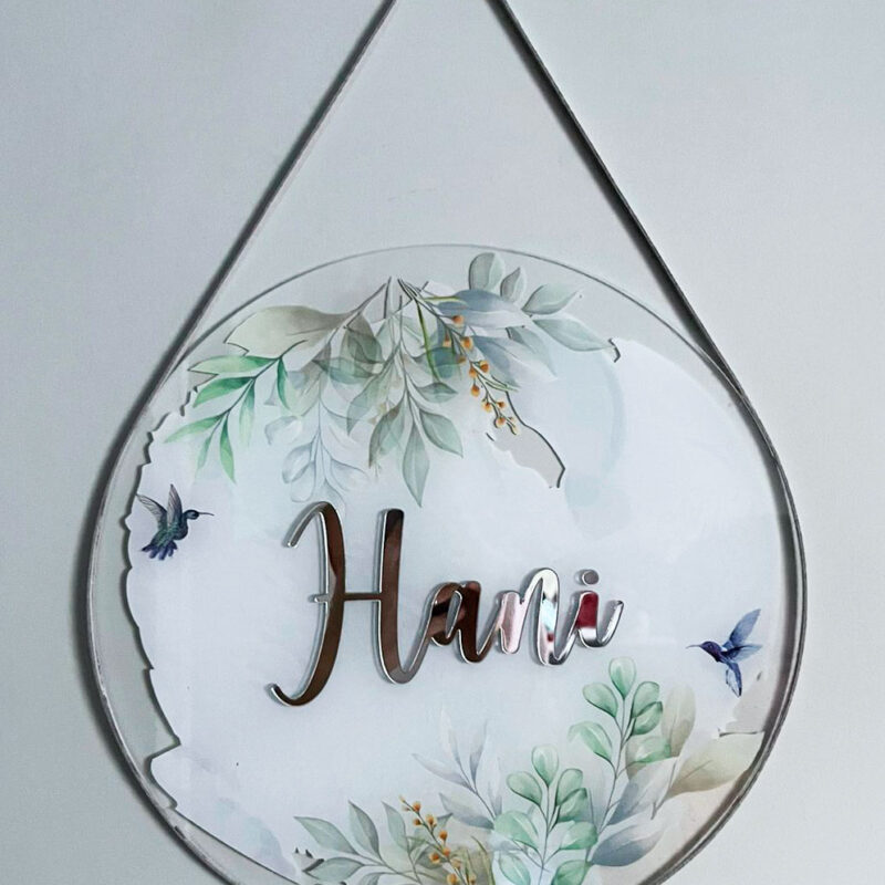 Porta Maternidade de Acrílico Aquarela Folhagens com Passarinhos