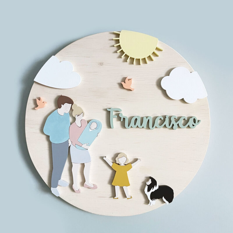 Porta Maternidade de Madeira 3D Familia