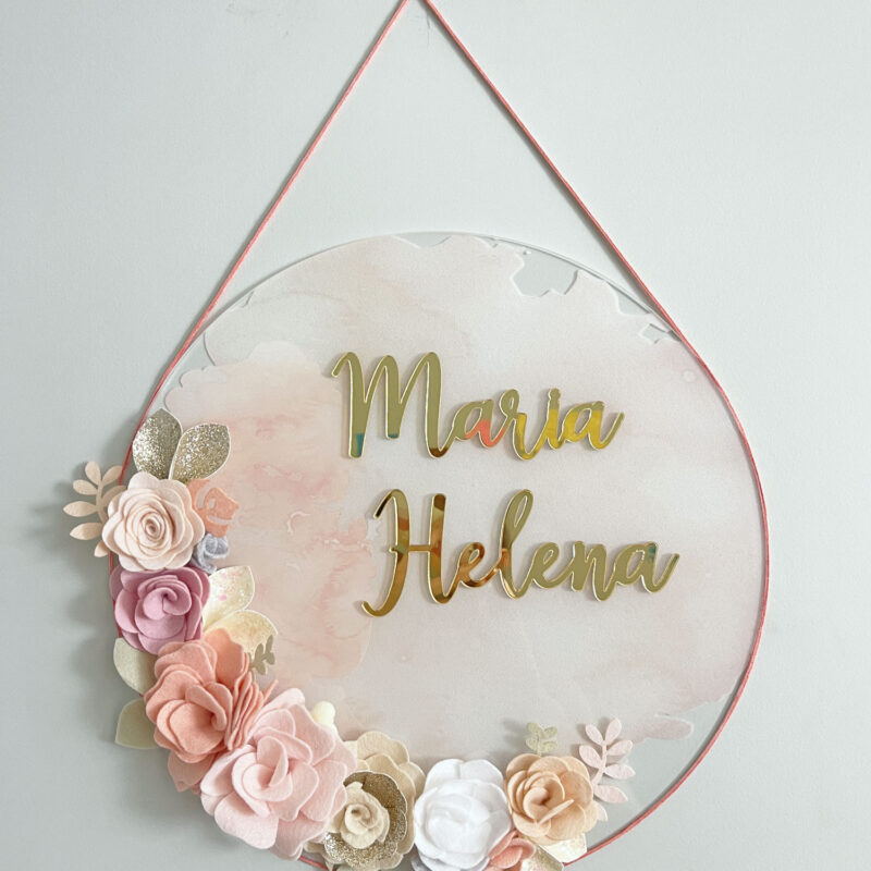 Porta Maternidade de Acrílico Flores Rosa, Cinza e Branco