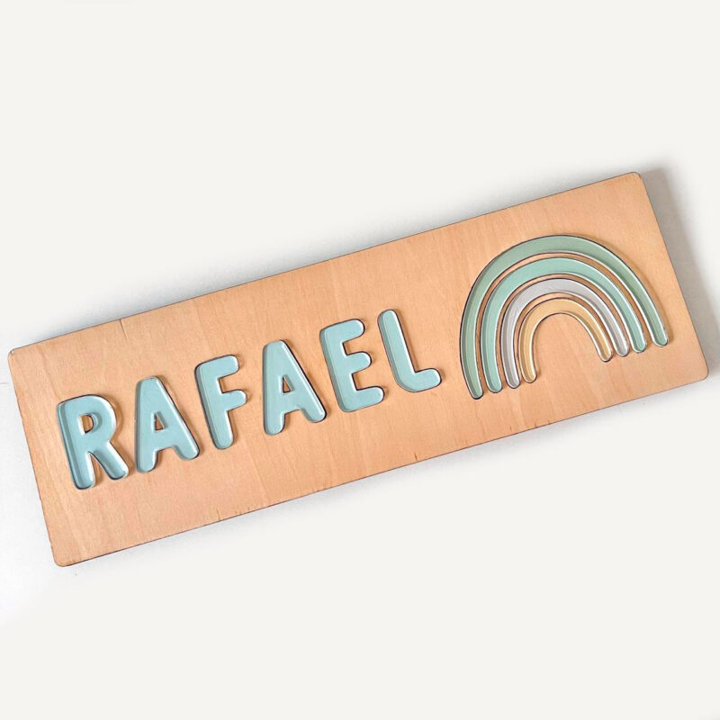 Brinquedo de Madeira Nome de Encaixe Arco Iris Azul Acrilico