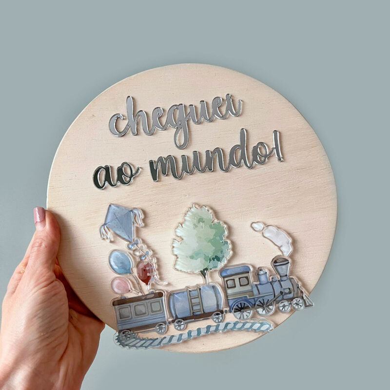 Placa Acompanhamento Mensal Madeira - Kit Mesversário Trem