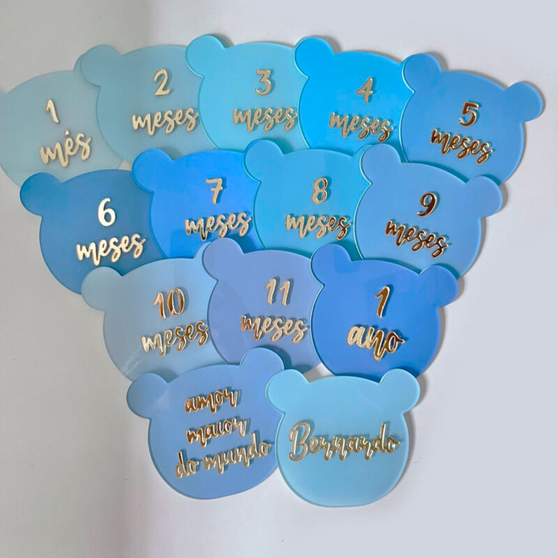 Placa Acompanhamento Mensal Acrílico - Kit Mesversário Urso Azul