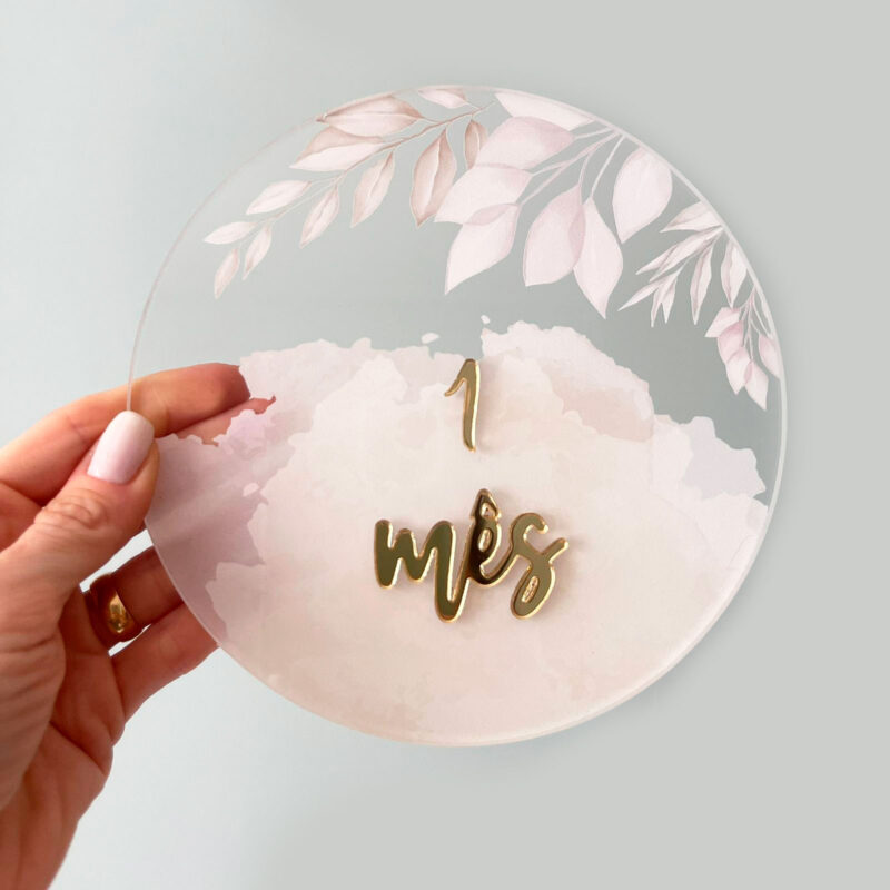 Placa Acompanhamento Mensal Acrílico - Kit Mesversário Folhagens Nude