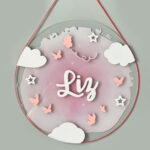 Porta Maternidade de Acrílico 3D Aquarela Céu Borboletas