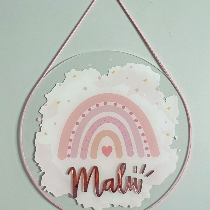 Porta Maternidade de Acrílico Aquarela Arco Íris Rosa