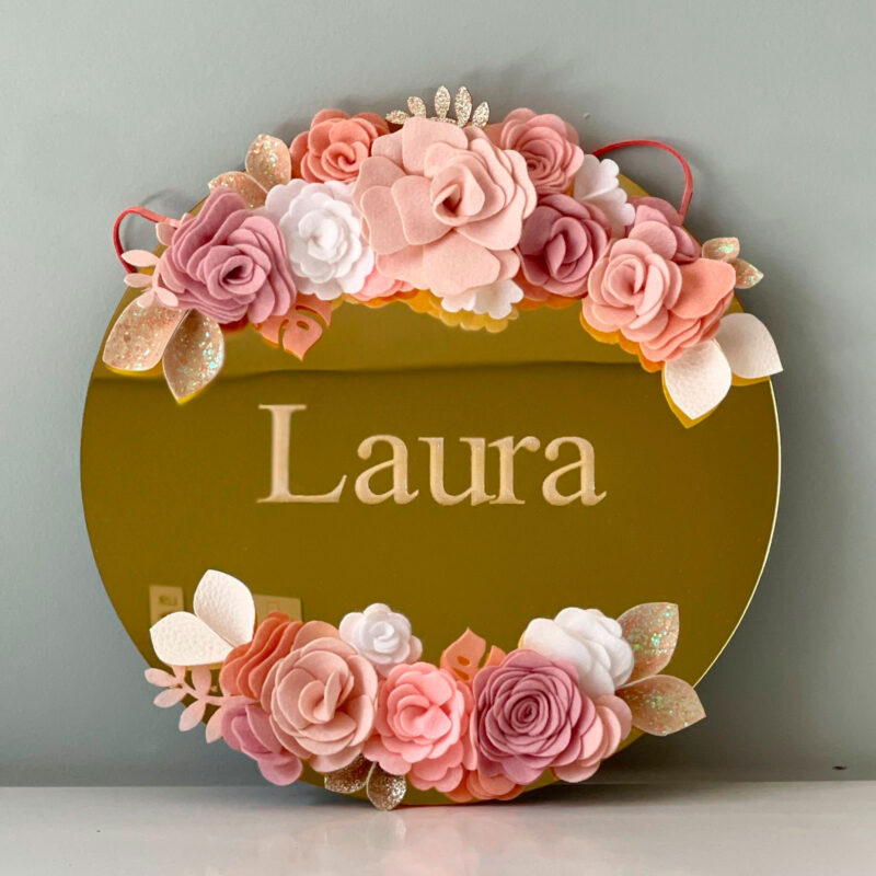 Porta Maternidade de Acrílico Espelhado Flores Rosa e Branco
