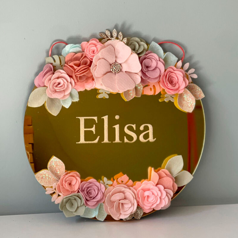 Porta Maternidade de Acrílico Espelhado Flores Rosa e Verde