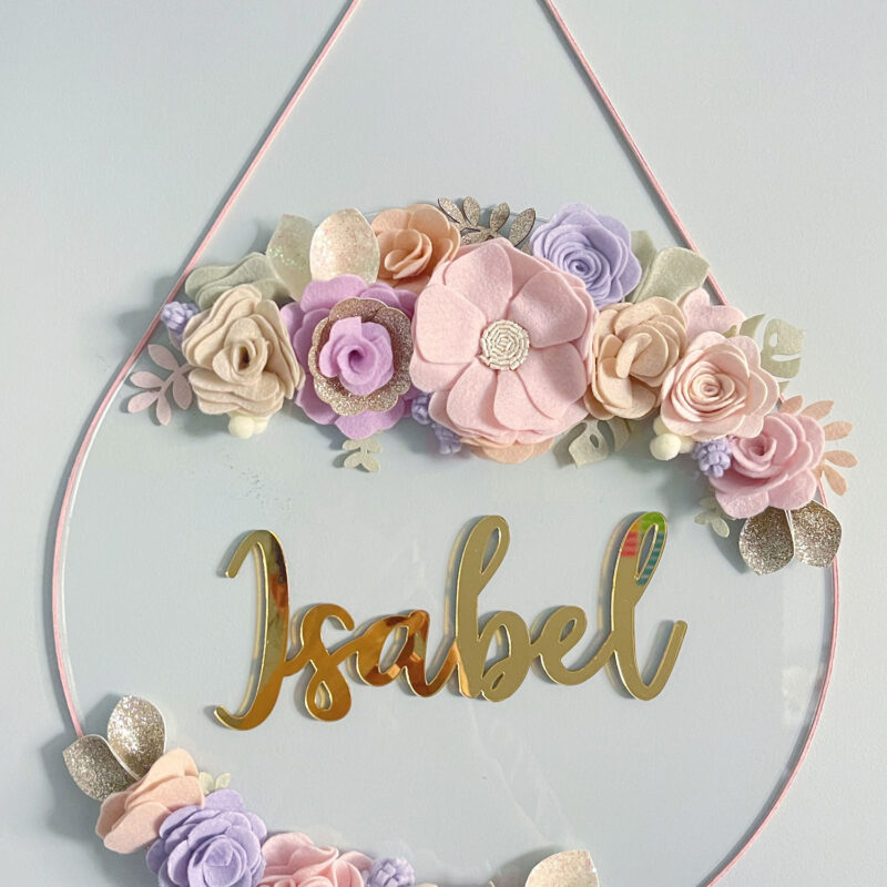 Porta Maternidade de Acrílico Flores Transparente Lilás