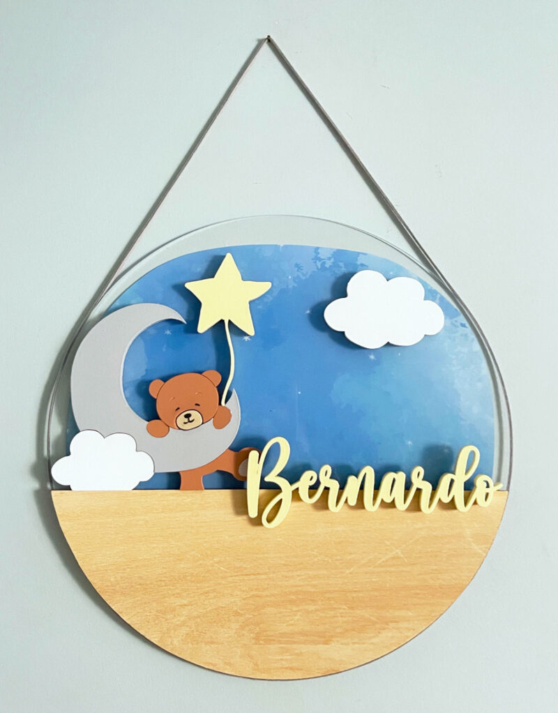 Porta Maternidade de Acrílico com Madeira Urso Noturno
