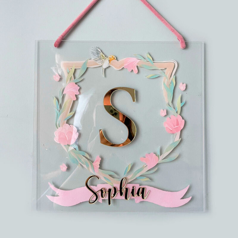 Porta Maternidade de Acrílico Aquarela Quadrada Passarinho