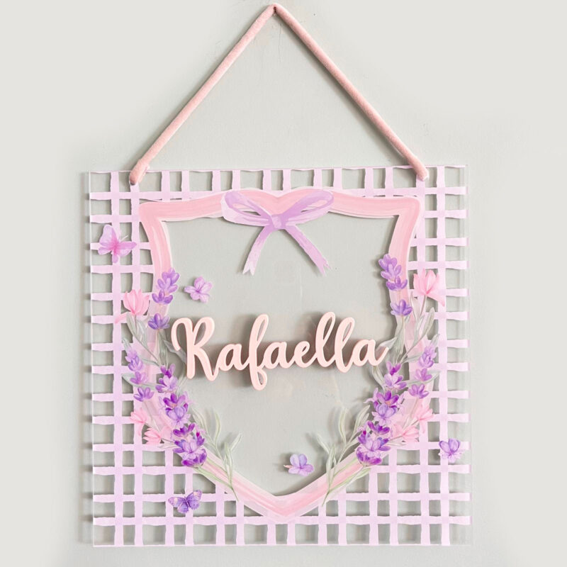 Porta Maternidade de Acrílico Aquarela Quadrada Xadrez Lilás