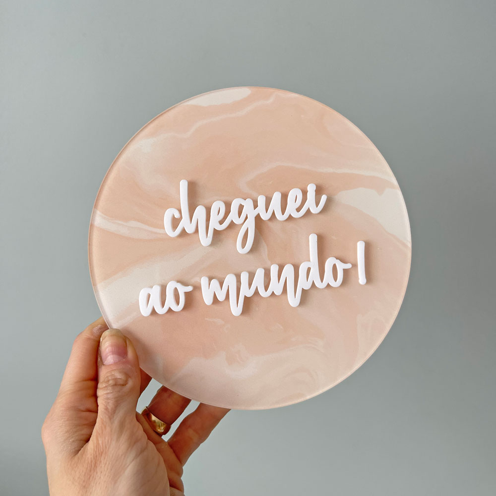 Placa Acompanhamento Mensal Acrílico - Kit Mesversário Marmorizado Bege