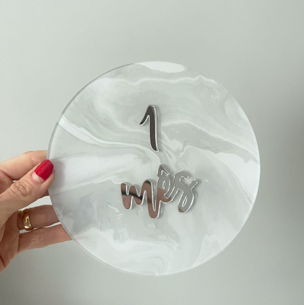 Placa Acompanhamento Mensal Acrílico - Kit Mesversário Marmorizado Cinza