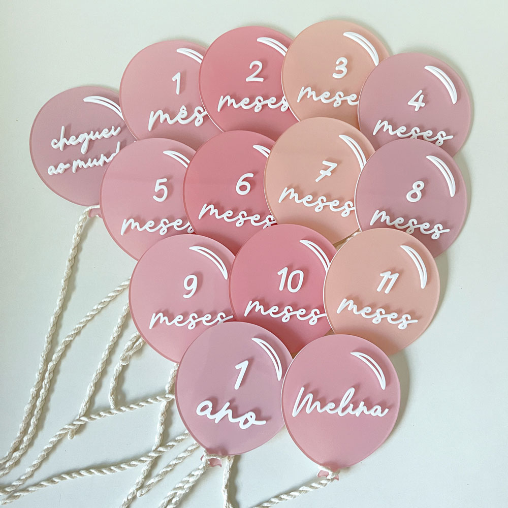 Placa Acompanhamento Mensal Acrílico - Kit Mesversário Balão Rosa
