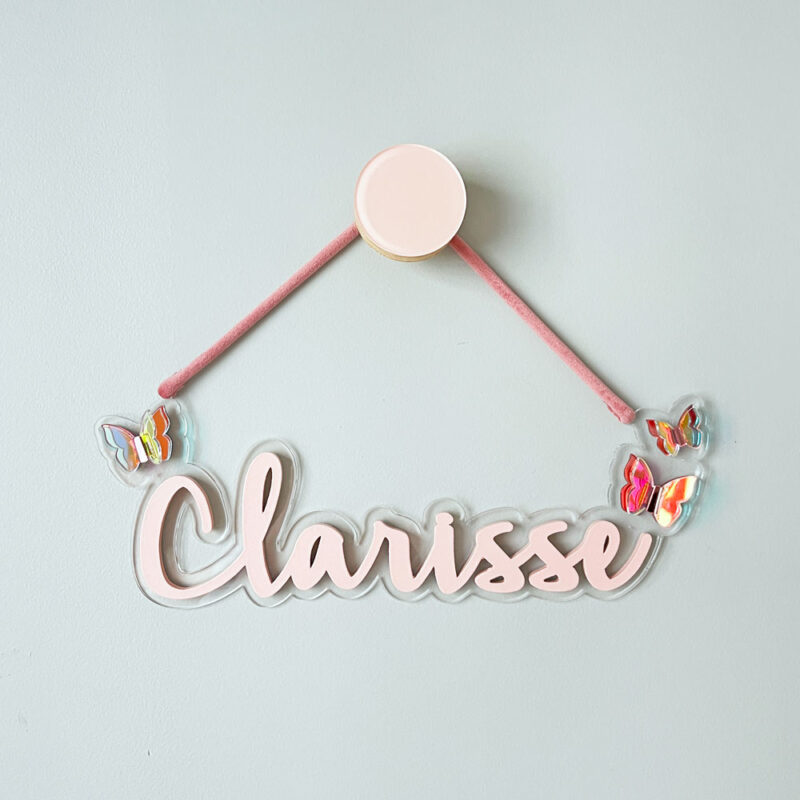 Porta Maternidade Nome Acrilico Duplo Borboletas Rosa