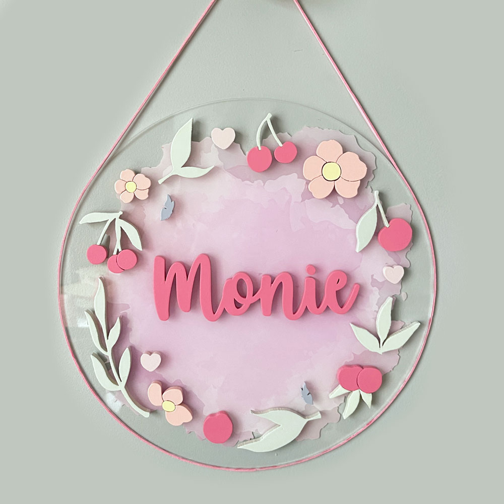 Porta Maternidade de Acrílico 3D Aquarela Cereja