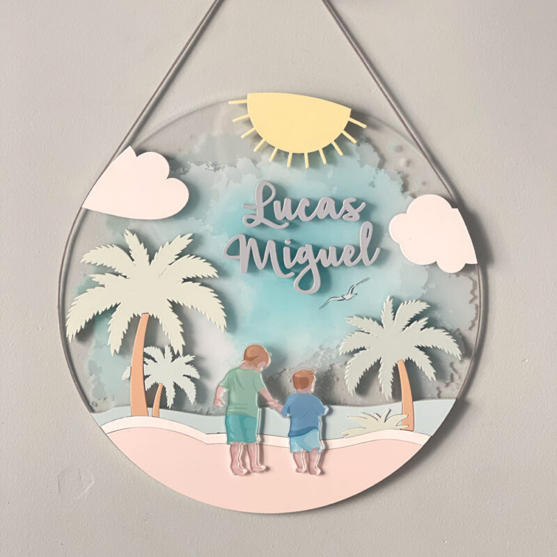 Porta Maternidade de Acrílico 3D Aquarela Praia Irmãos