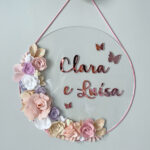 Porta Maternidade de Acrílico Flores Transparente Lilás e Branco