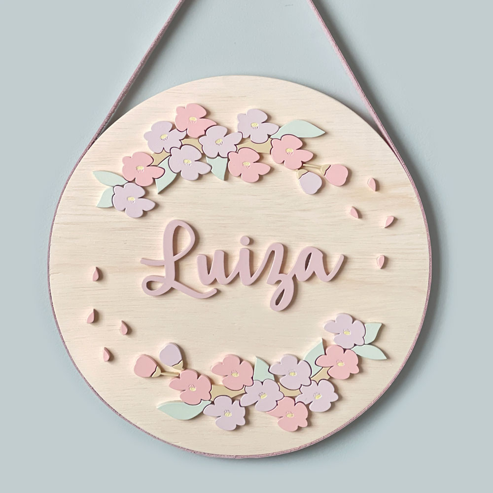 Porta Maternidade de Madeira 3D Arranjo Flores Cerejeira