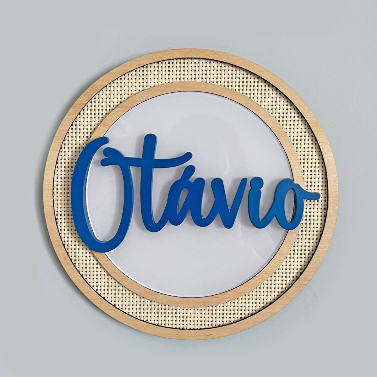 Porta Maternidade de Palha com Acrilico e Madeira Redonda Azul Marinho